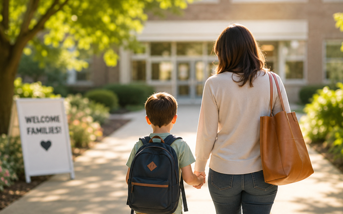 Mother walking son into school