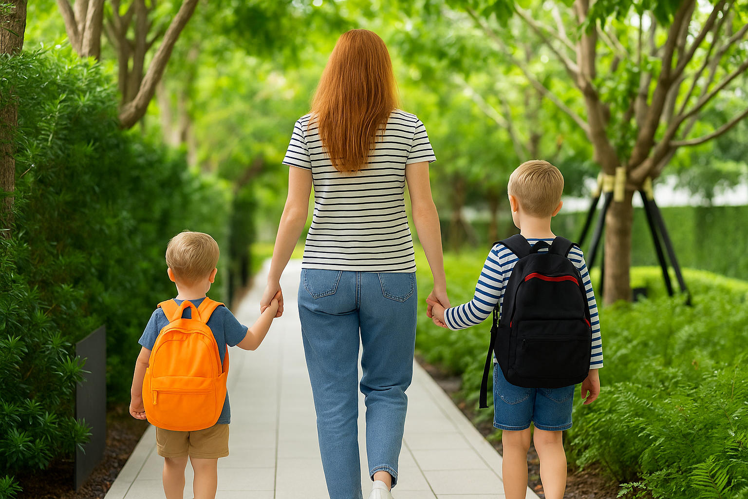 Mother walking with two sons