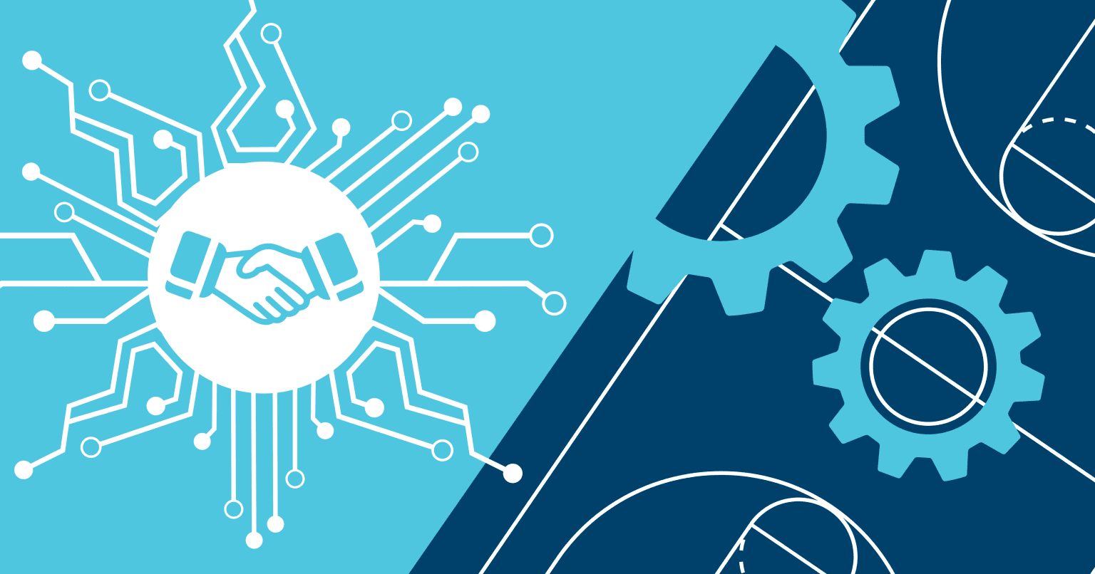 graphic depicting partnership, technology, and team players